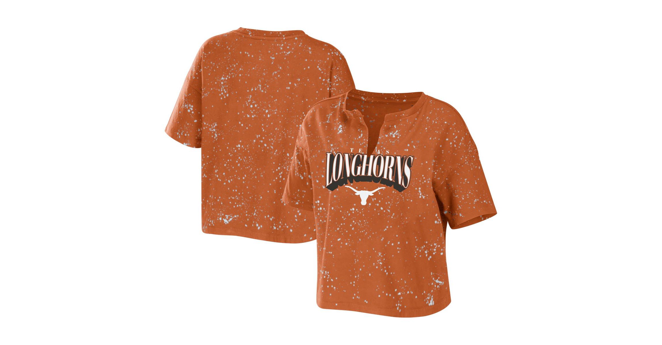 NCAA Texas Texas Longhorns Bleach Wash Splatter Cropped Notch Neck T-Shirt