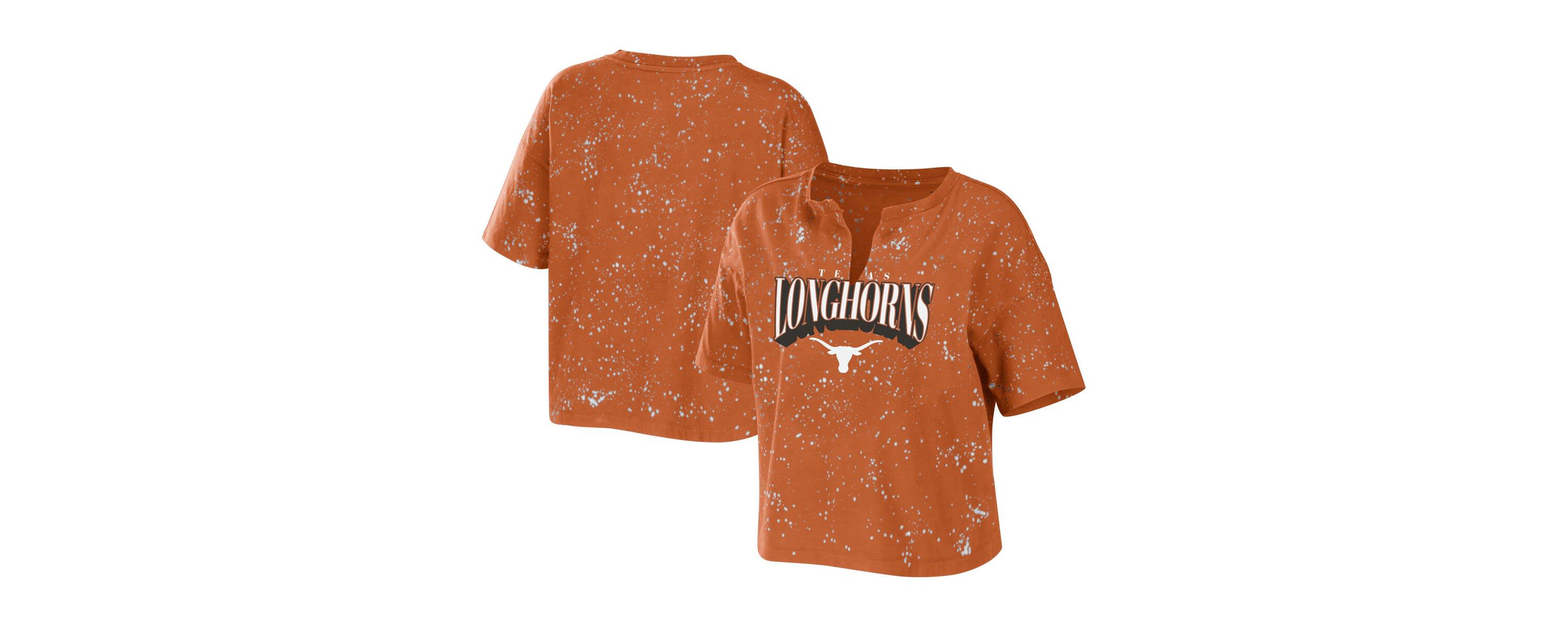 NCAA Texas Texas Longhorns Bleach Wash Splatter Cropped Notch Neck T-Shirt