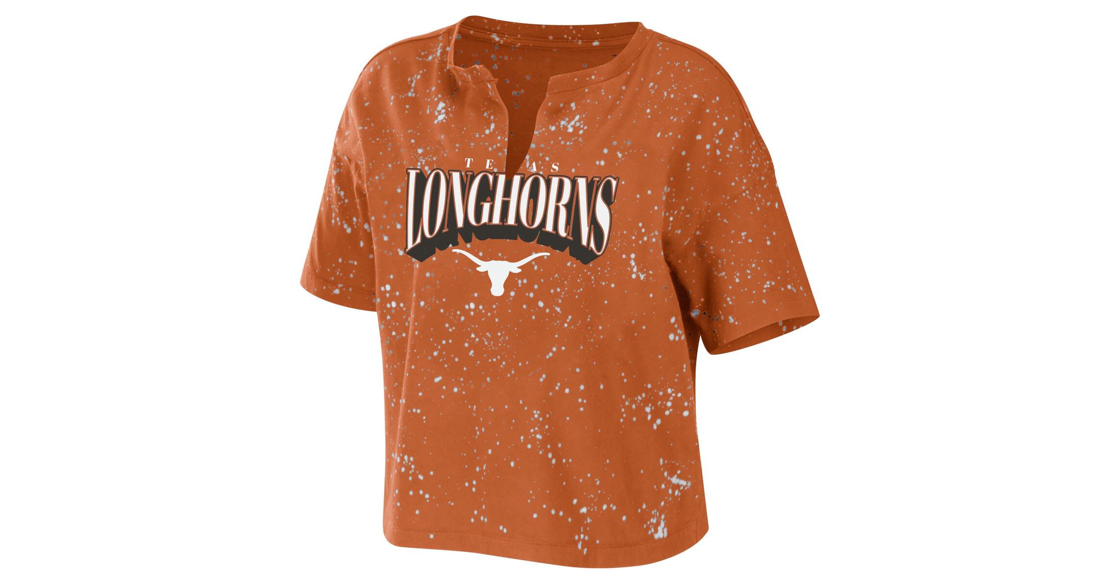 NCAA Texas Texas Longhorns Bleach Wash Splatter Cropped Notch Neck T-Shirt