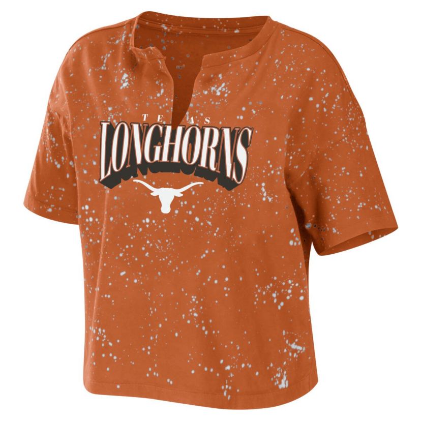 NCAA Texas Texas Longhorns Bleach Wash Splatter Cropped Notch Neck T-Shirt