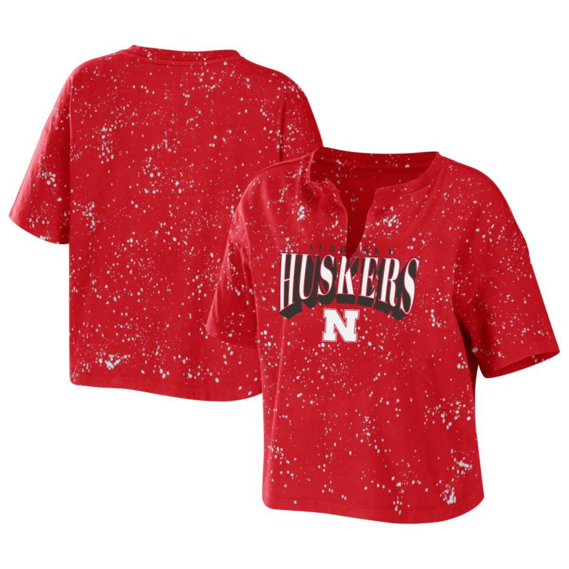 NCAA Nebraska Huskers Bleach Wash Splatter Cropped Notch Neck T-Shirt