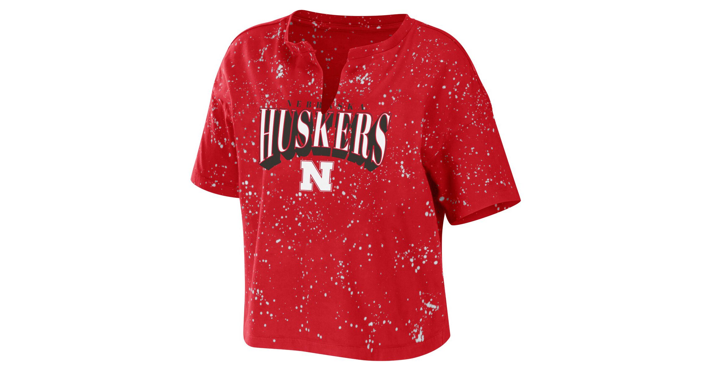 NCAA Nebraska Huskers Bleach Wash Splatter Cropped Notch Neck T-Shirt
