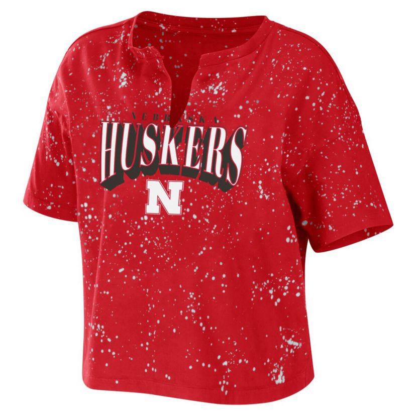 NCAA Nebraska Huskers Bleach Wash Splatter Cropped Notch Neck T-Shirt