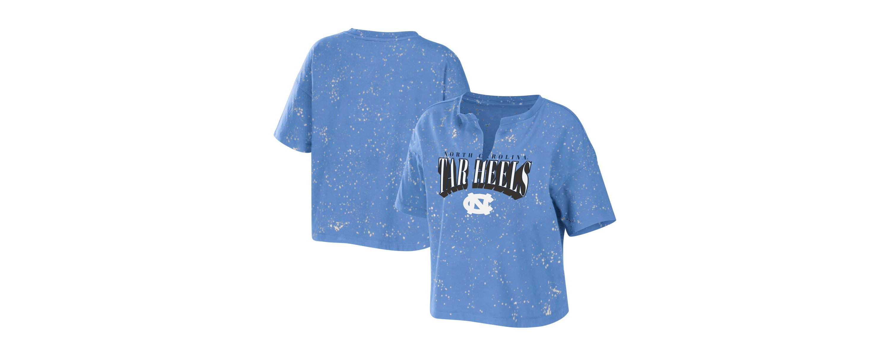 NCAA Carolina North Carolina Tar Heels Bleach Wash Splatter Cropped Notch Neck T-Shirt