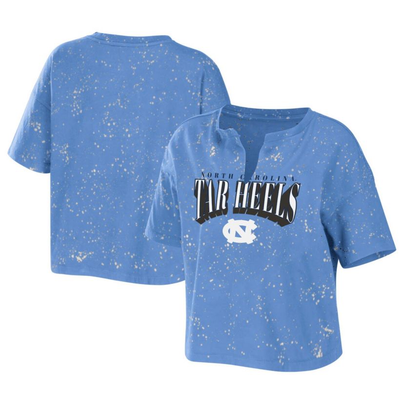 NCAA Carolina North Carolina Tar Heels Bleach Wash Splatter Cropped Notch Neck T-Shirt