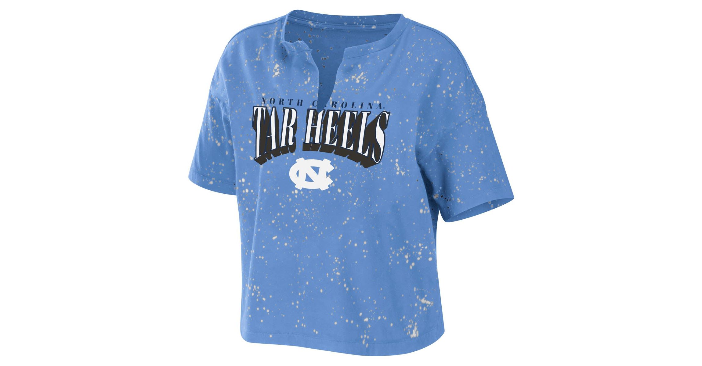 NCAA Carolina North Carolina Tar Heels Bleach Wash Splatter Cropped Notch Neck T-Shirt