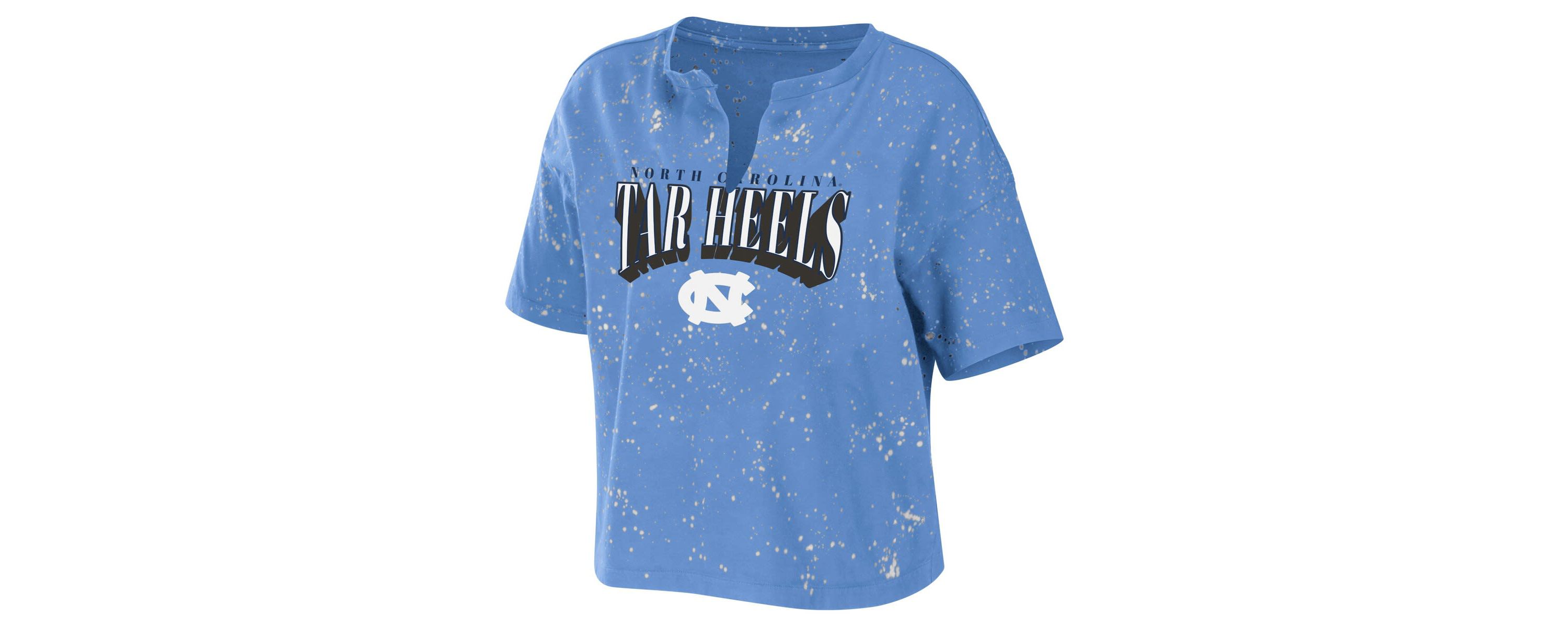 NCAA Carolina North Carolina Tar Heels Bleach Wash Splatter Cropped Notch Neck T-Shirt