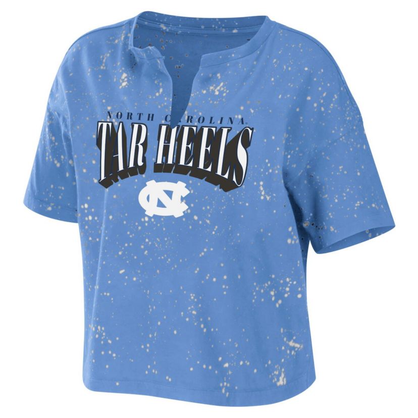 NCAA Carolina North Carolina Tar Heels Bleach Wash Splatter Cropped Notch Neck T-Shirt