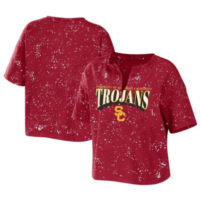 NCAA USC Trojans Bleach Wash Splatter Cropped Notch Neck T-Shirt