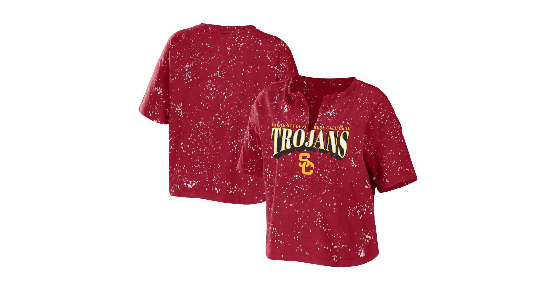 NCAA USC Trojans Bleach Wash Splatter Cropped Notch Neck T-Shirt