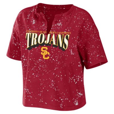 NCAA USC Trojans Bleach Wash Splatter Cropped Notch Neck T-Shirt