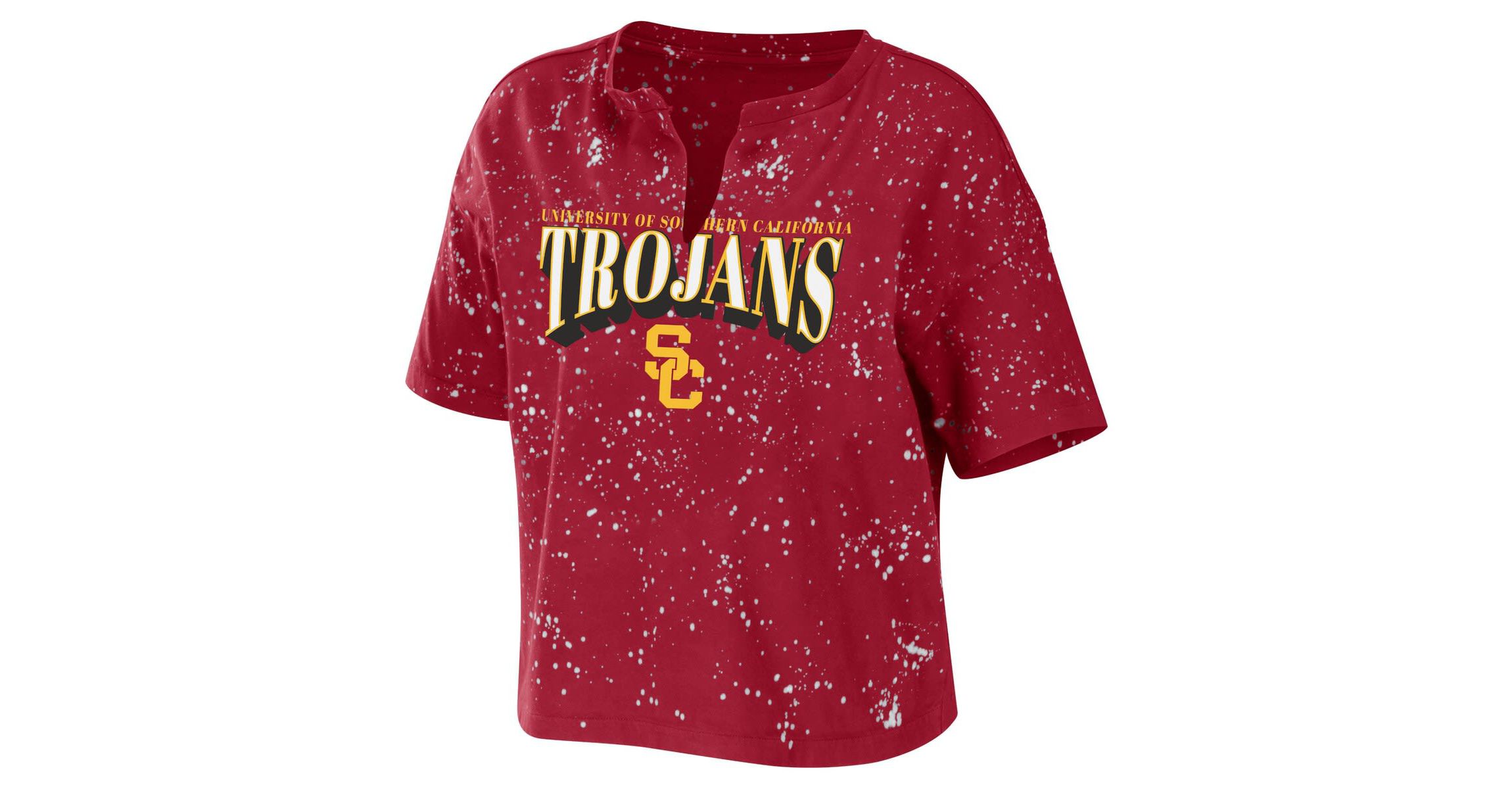 NCAA USC Trojans Bleach Wash Splatter Cropped Notch Neck T-Shirt