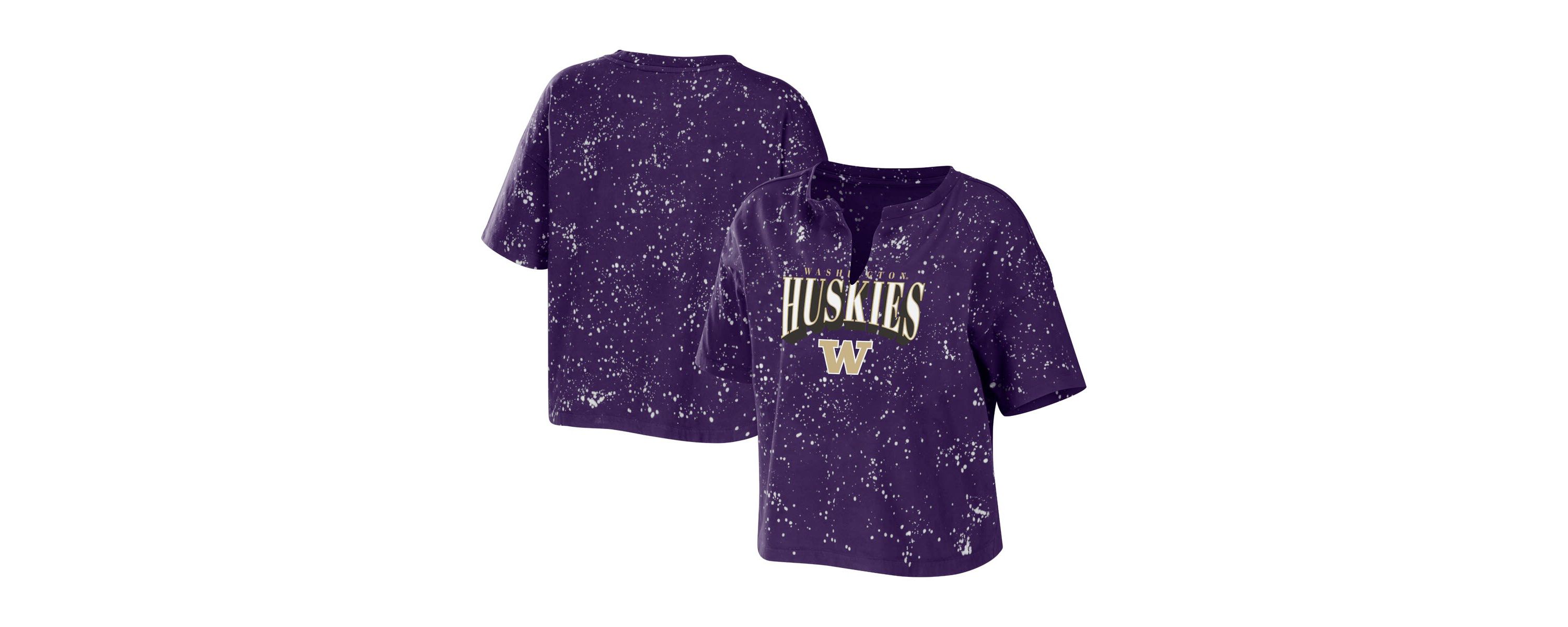 NCAA Washington Huskies Bleach Wash Splatter Cropped Notch Neck T-Shirt