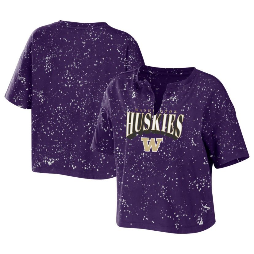 NCAA Washington Huskies Bleach Wash Splatter Cropped Notch Neck T-Shirt