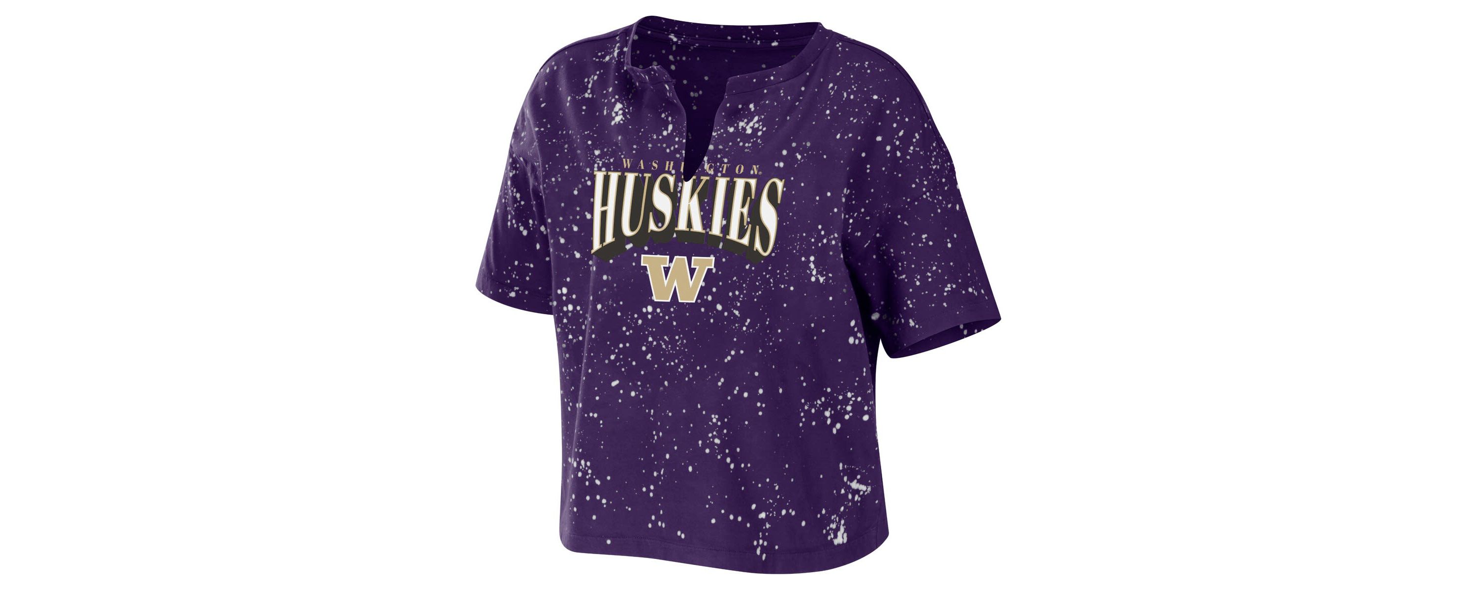 NCAA Washington Huskies Bleach Wash Splatter Cropped Notch Neck T-Shirt