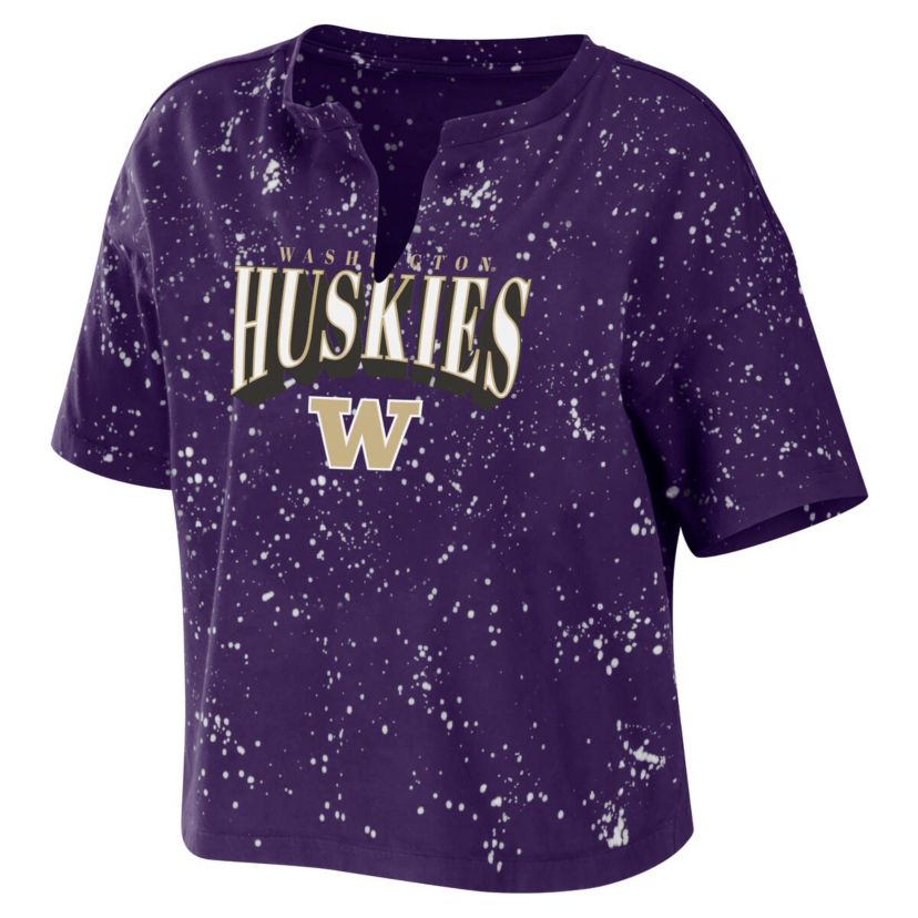 NCAA Washington Huskies Bleach Wash Splatter Cropped Notch Neck T-Shirt