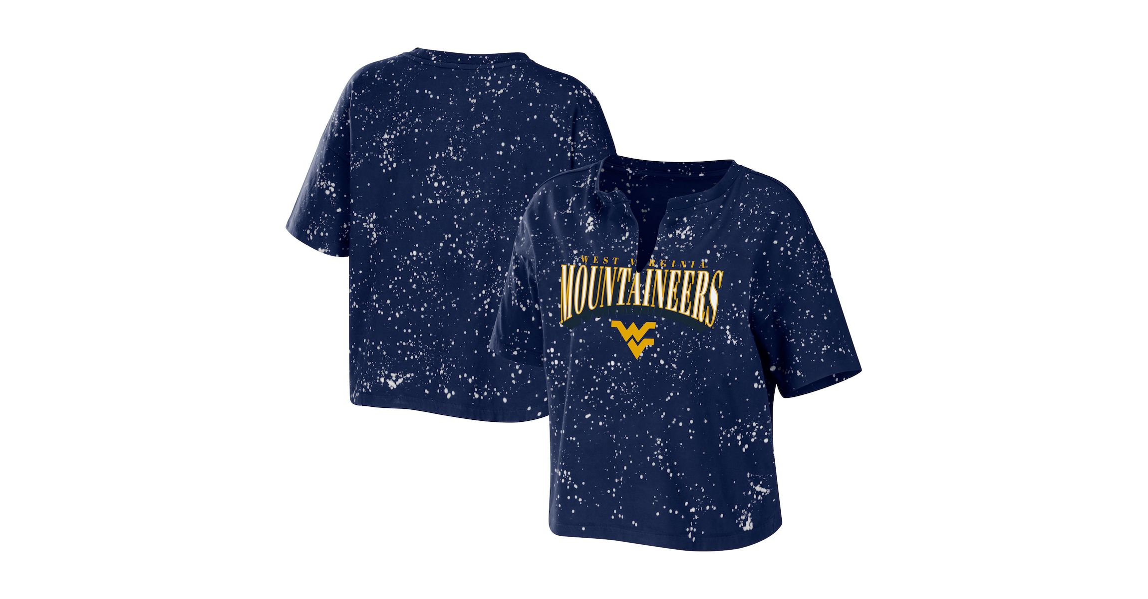 NCAA West Virginia Mountaineers Bleach Wash Splatter Cropped Notch Neck T-Shirt