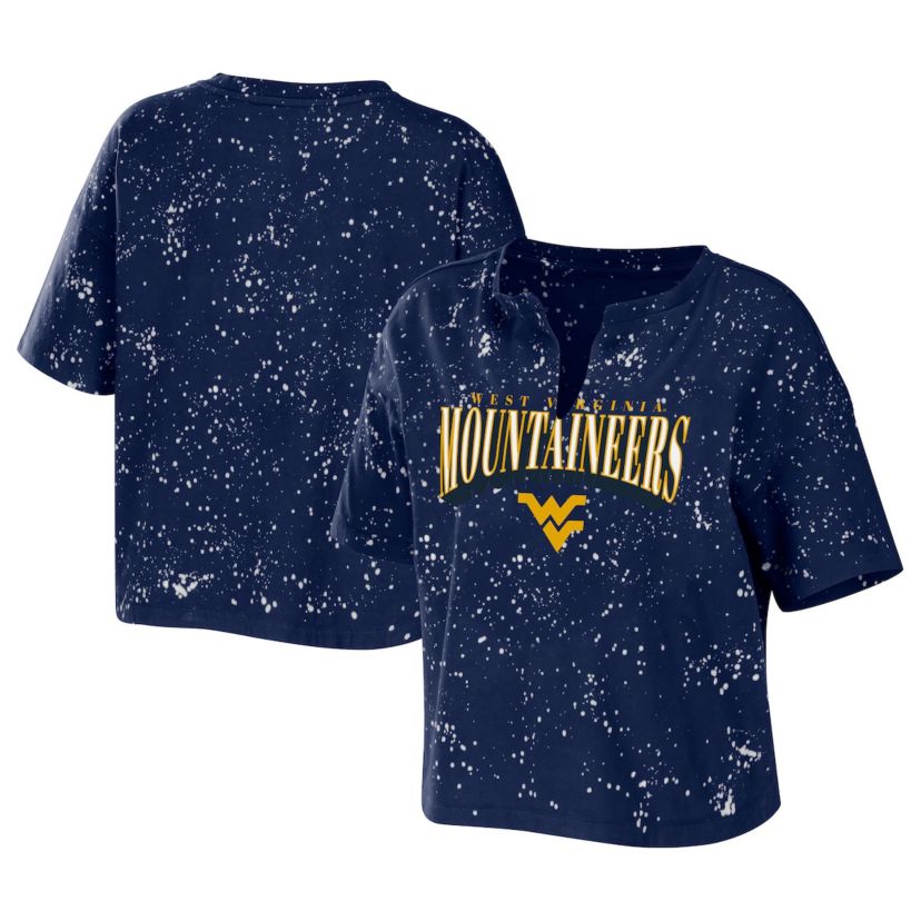 NCAA West Virginia Mountaineers Bleach Wash Splatter Cropped Notch Neck T-Shirt
