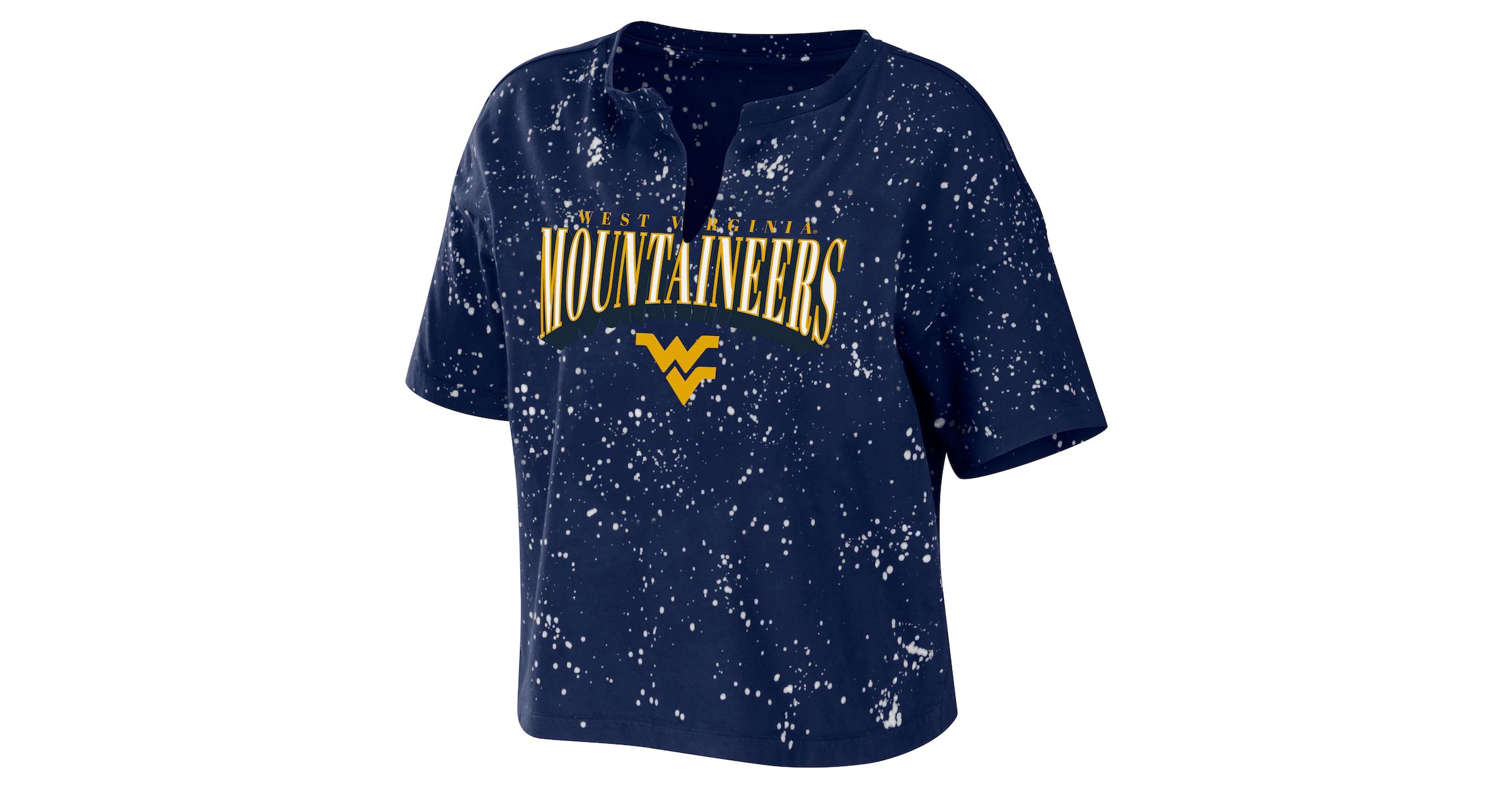 NCAA West Virginia Mountaineers Bleach Wash Splatter Cropped Notch Neck T-Shirt