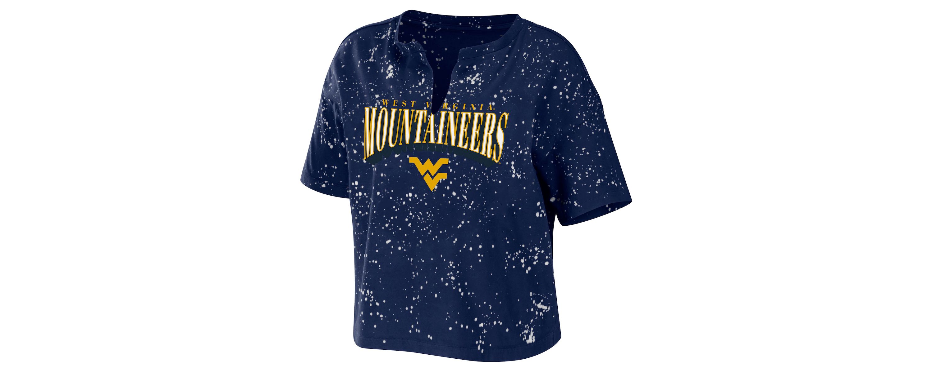 NCAA West Virginia Mountaineers Bleach Wash Splatter Cropped Notch Neck T-Shirt