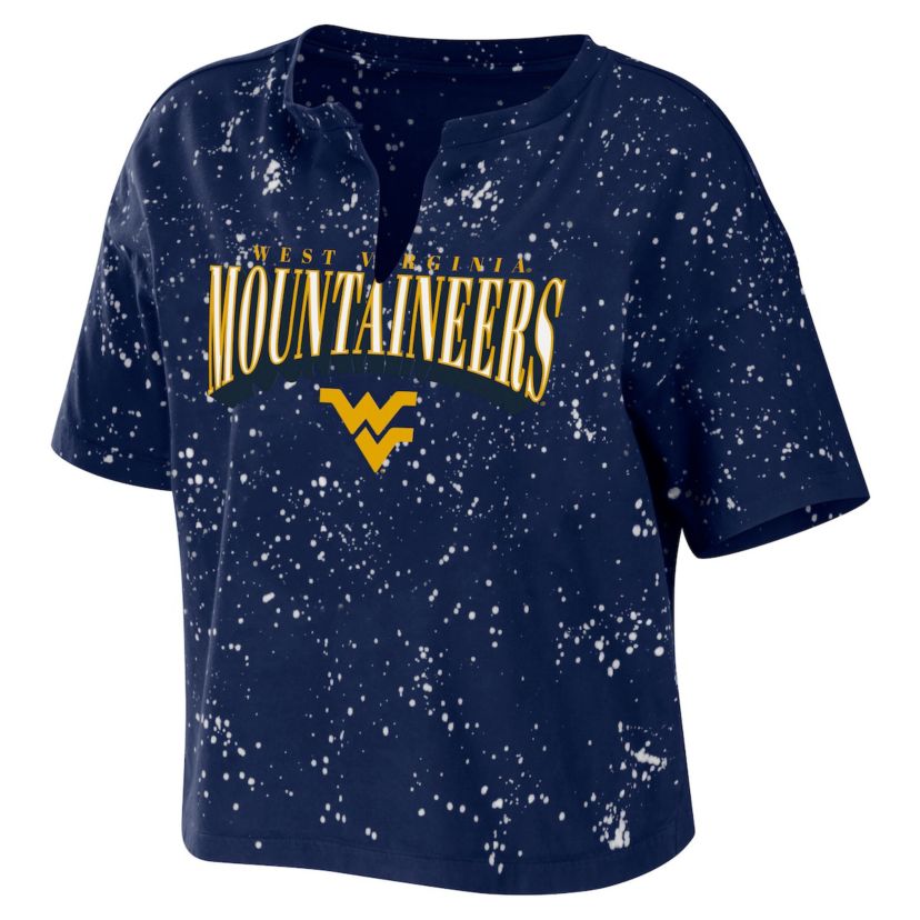 NCAA West Virginia Mountaineers Bleach Wash Splatter Cropped Notch Neck T-Shirt