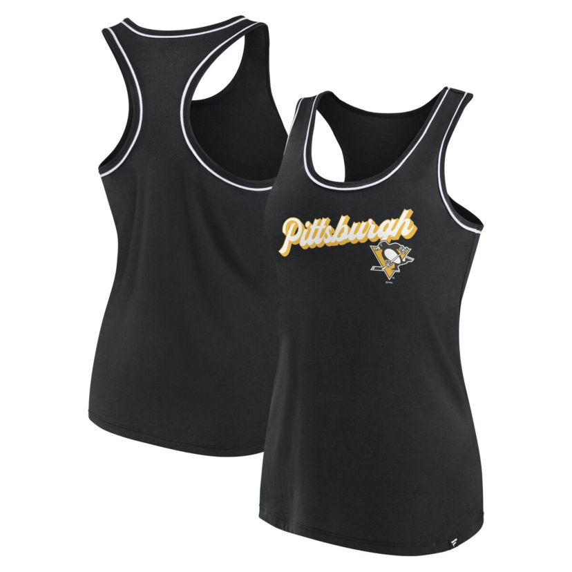 NHL Fanatics Pittsburgh Penguins Wordmark Logo Racerback Scoop Neck Tank Top