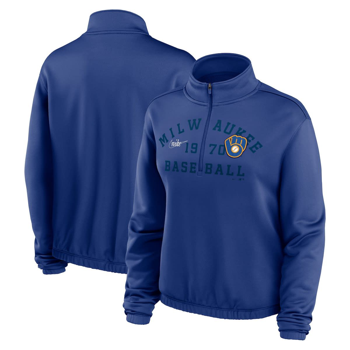 MLB Nike Milwaukee Brewers Rewind Splice Half-Zip Semi-Cropped Bubble Hem Sweatshirt