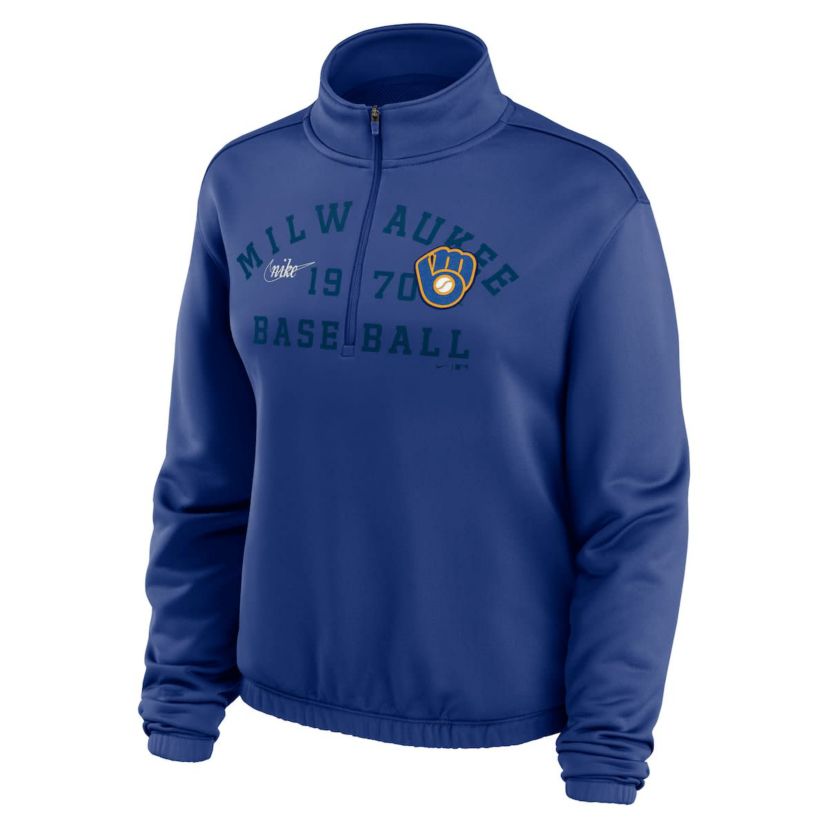 MLB Nike Milwaukee Brewers Rewind Splice Half-Zip Semi-Cropped Bubble Hem Sweatshirt