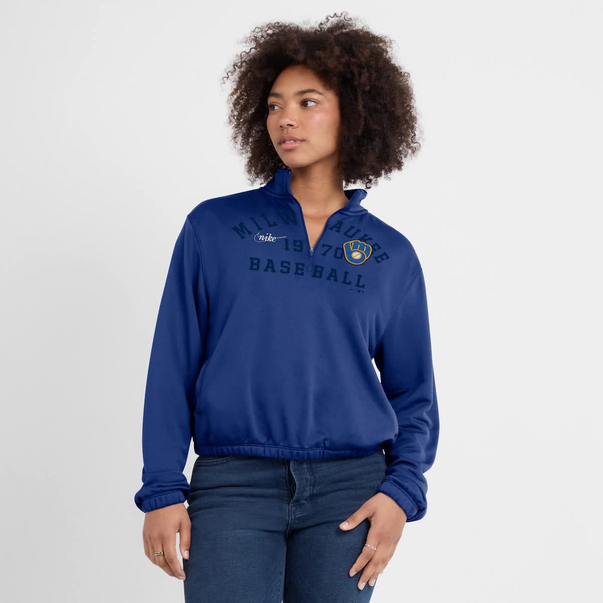 MLB Nike Milwaukee Brewers Rewind Splice Half-Zip Semi-Cropped Bubble Hem Sweatshirt