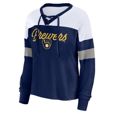 MLB Fanatics Milwaukee Brewers Even Match Lace-Up Long Sleeve V-Neck T-Shirt