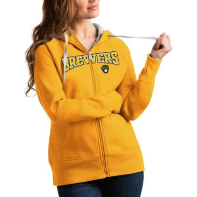 Antigua Women's MLB Milwaukee Brewers Team Logo Victory Full-Zip Hoodie, Gold, Small -  0196230430400