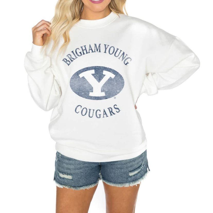 NCAA BYU Cougars Oversized Good Vibes Premium Fleece Drop Shoulder Pullover Sweatshirt