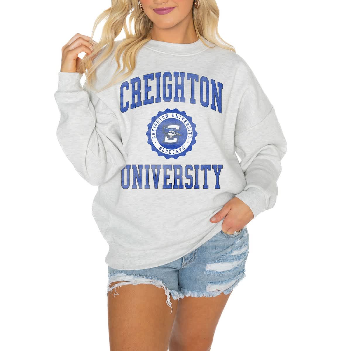 Creighton University Bluejays NCAA Creighton Bluejays Oversized Good Vibes Premium Fleece Drop Shoulder Pullover Sweatshirt
