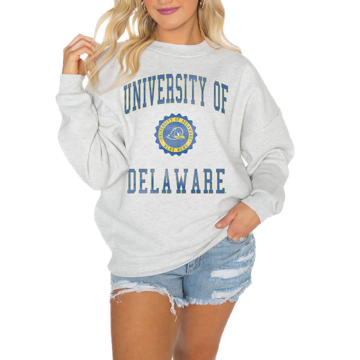 Delaware Fightin Blue Hens NCAA Delaware Fightin Hens Oversized Good Vibes Premium Fleece Drop Shoulder Pullover Sweatshirt