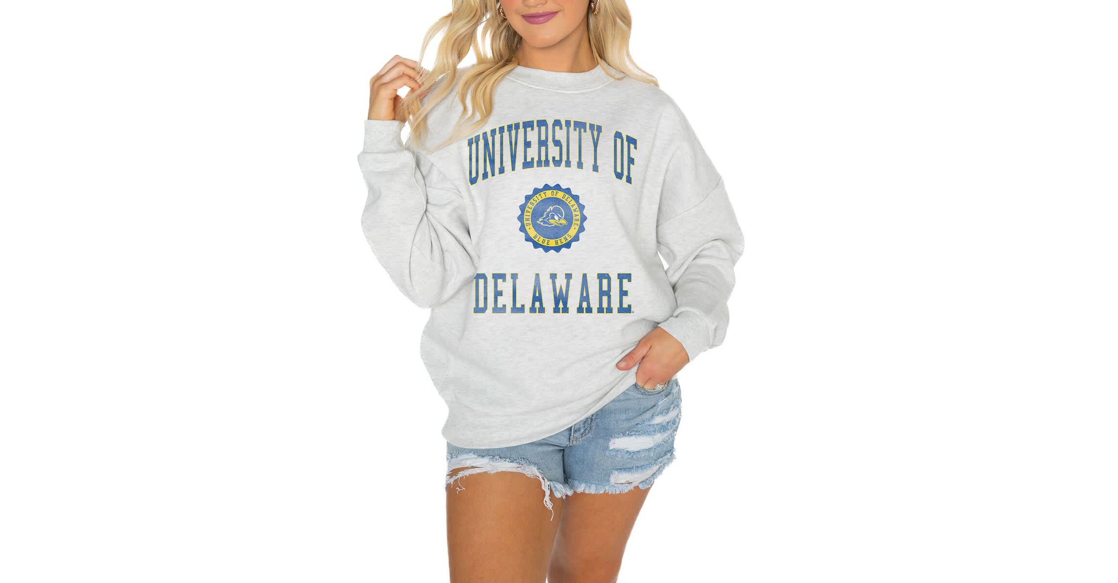 Delaware Fightin Blue Hens NCAA Delaware Fightin Hens Oversized Good Vibes Premium Fleece Drop Shoulder Pullover Sweatshirt