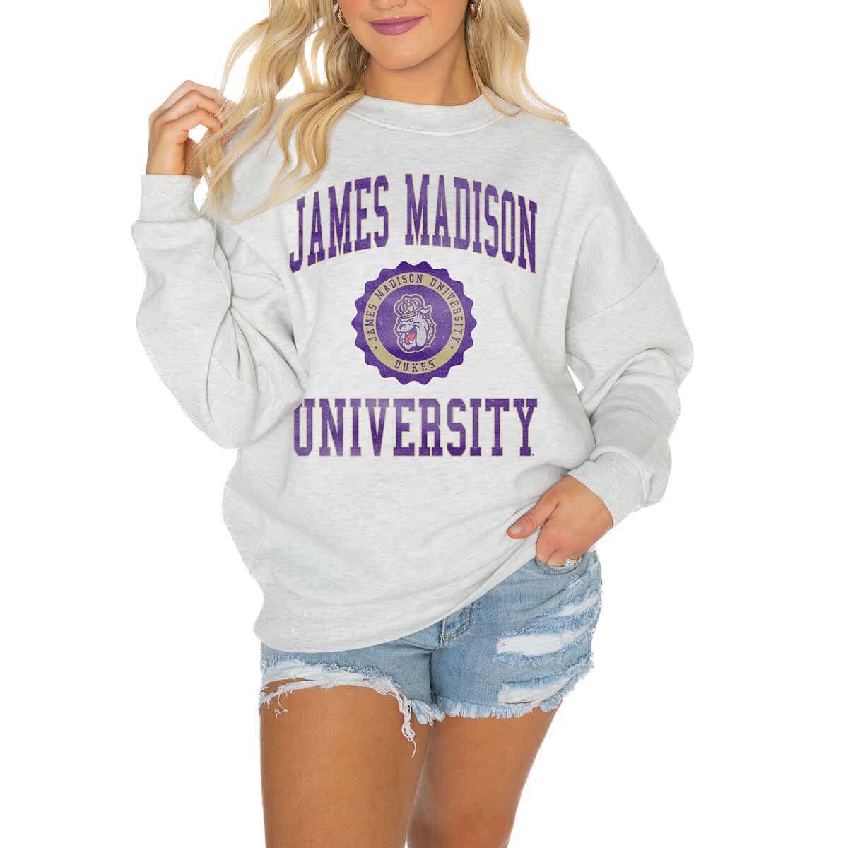 NCAA James Madison Dukes Oversized Good Vibes Premium Fleece Drop Shoulder Pullover Sweatshirt