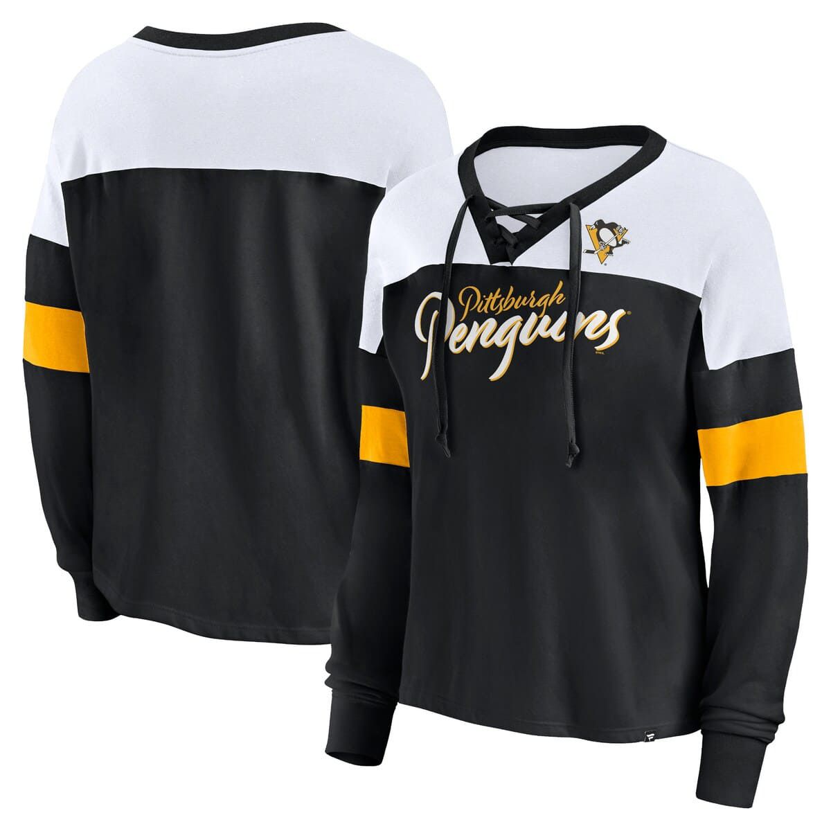 NHL Fanatics Pittsburgh Penguins Take the Shot Long Sleeve Lace-Up V-Neck T-Shirt