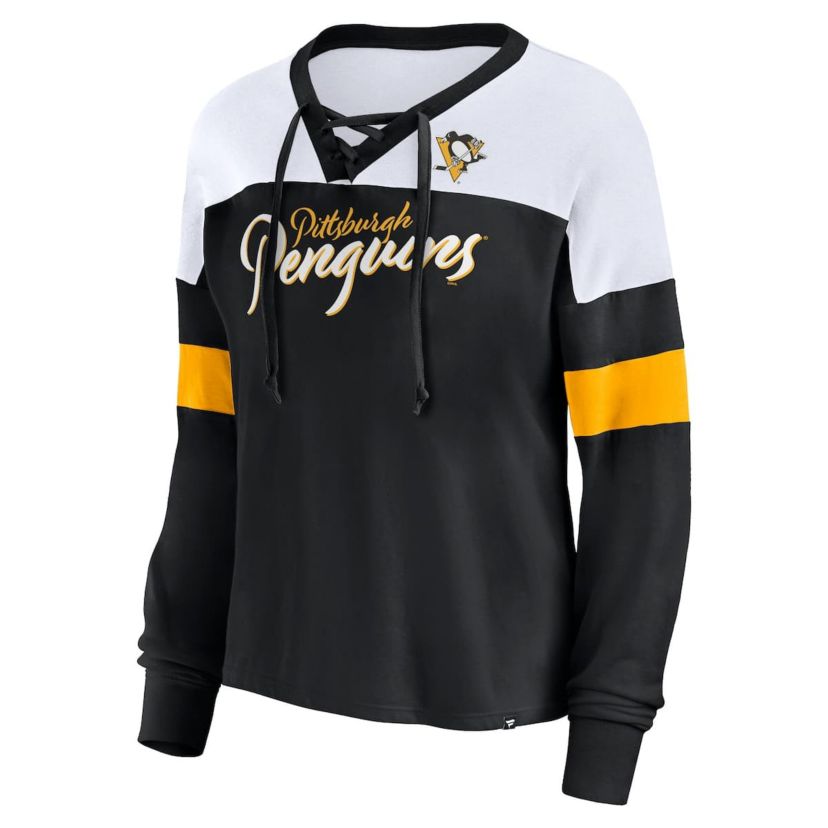 NHL Fanatics Pittsburgh Penguins Take the Shot Long Sleeve Lace-Up V-Neck T-Shirt