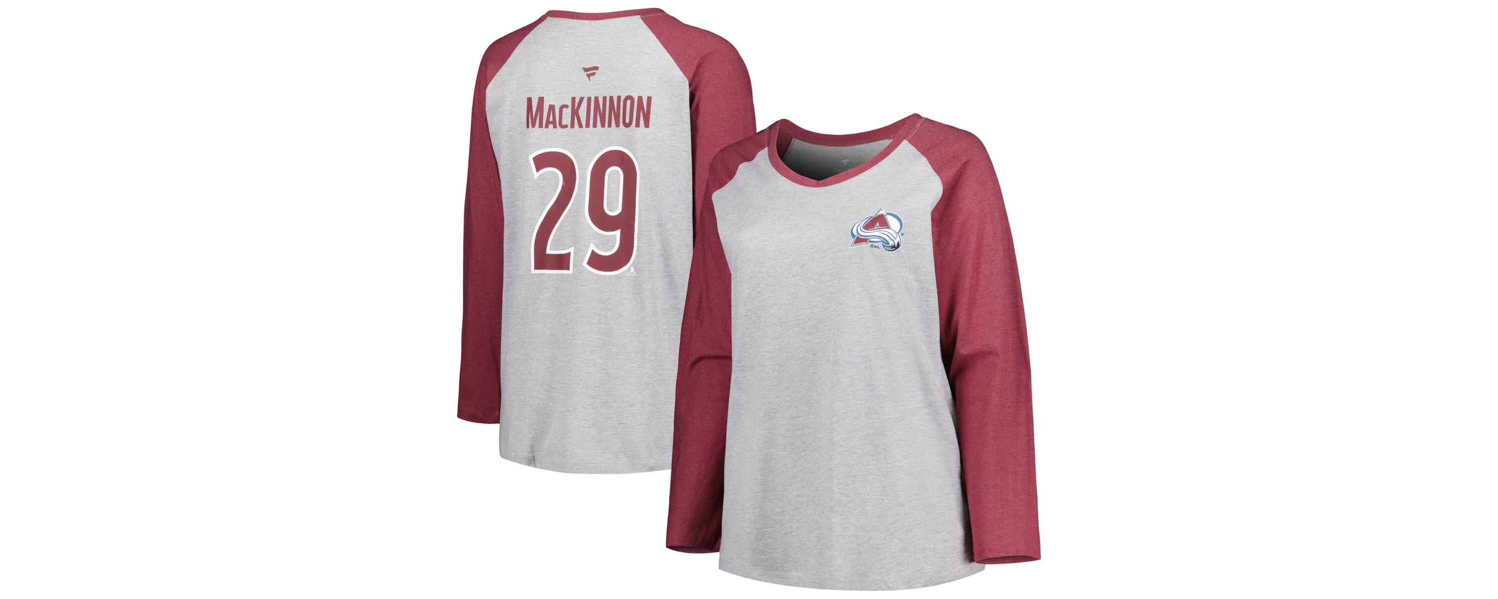NHL Fanatics Nathan MacKinnon Gray/ Colorado Avalanche Plus Size Name & Number Raglan Long Sleeve T-Shirt