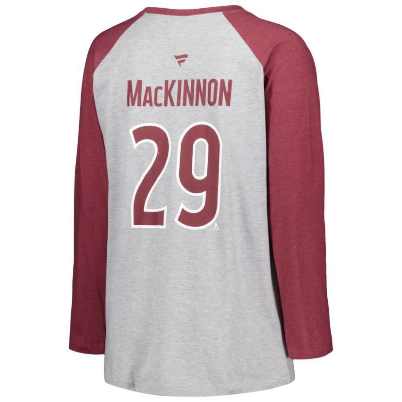 NHL Fanatics Nathan MacKinnon Gray/ Colorado Avalanche Plus Size Name & Number Raglan Long Sleeve T-Shirt