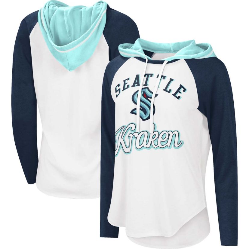 NHL White/Deep Sea Seattle Kraken MVP Raglan Lightweight Hooded T-Shirt