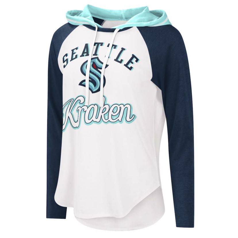 NHL White/Deep Sea Seattle Kraken MVP Raglan Lightweight Hooded T-Shirt