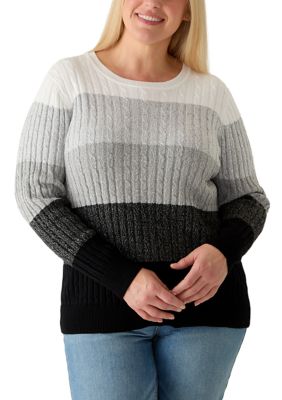 Kim Rogers Women's Plus Size Cable Knit Crew Neck Colorblock Sweater, Black, 3XL