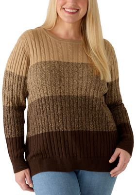 Kim Rogers Women's Plus Size Cable Knit Crew Neck Colorblock Sweater, Brown, 3XL
