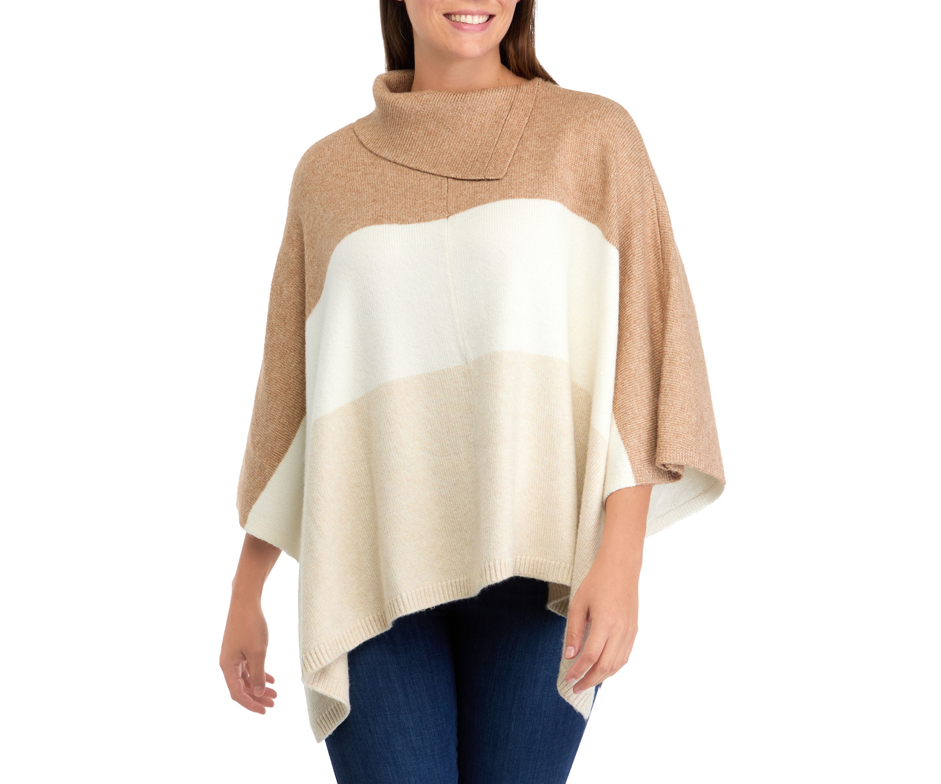 Womens Cable Stitch Color Block Poncho 