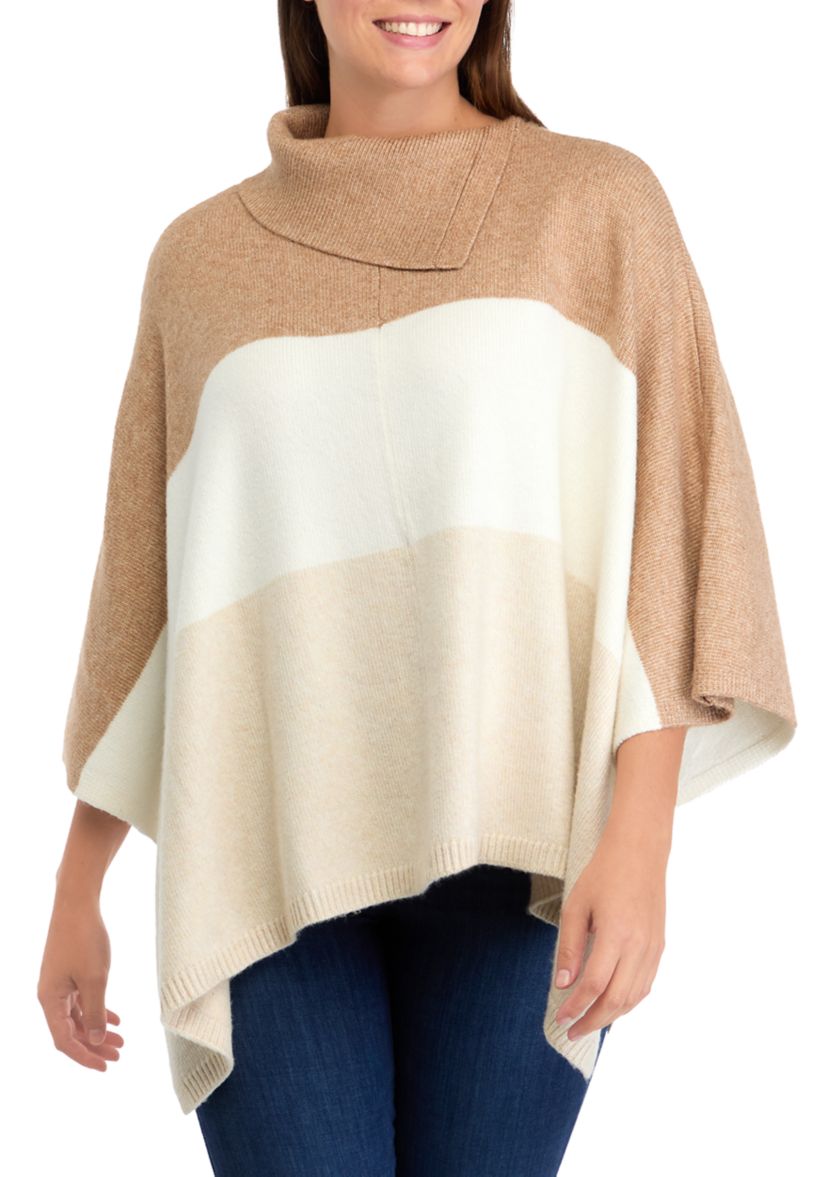 Womens Cable Stitch Color Block Poncho 
