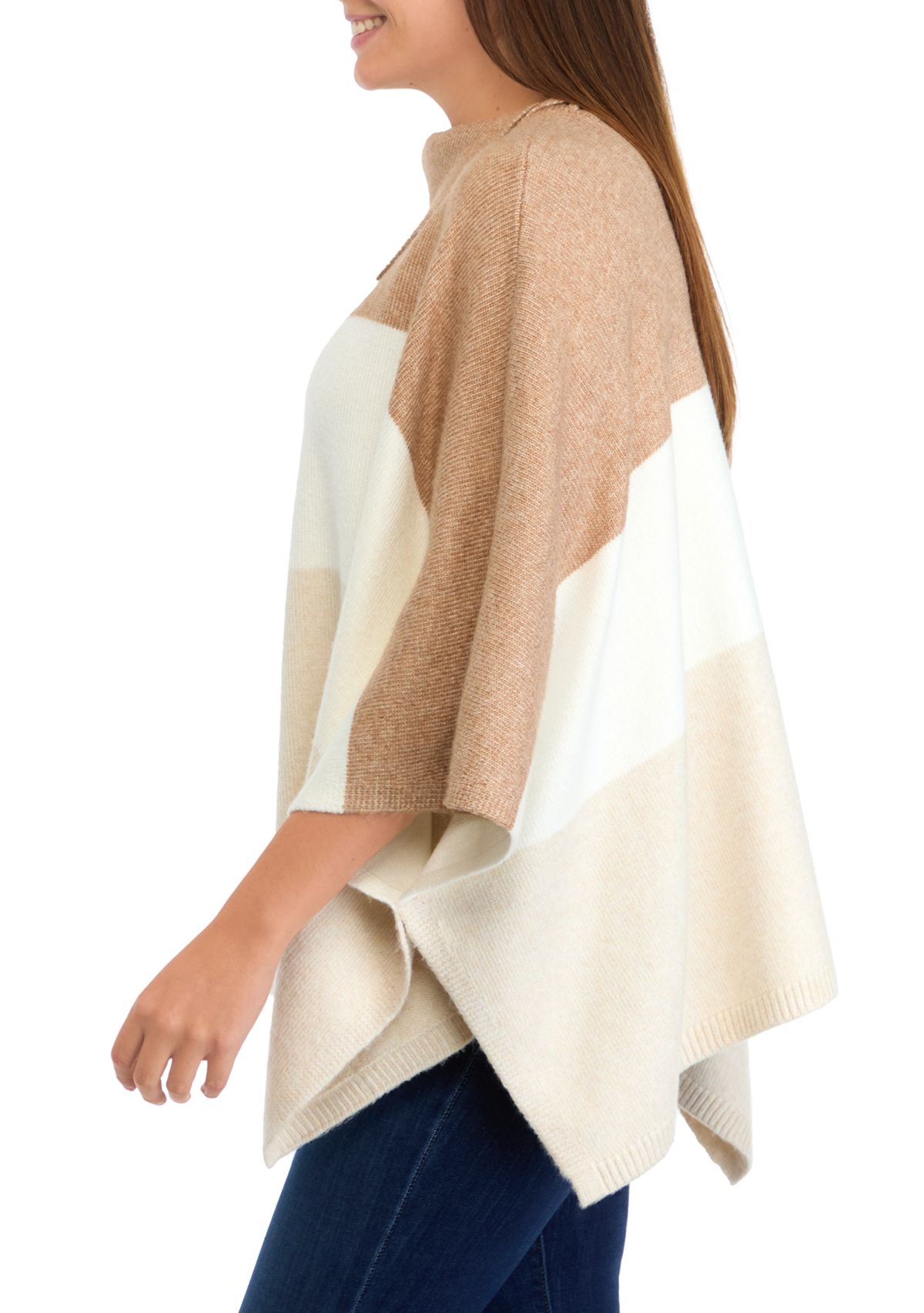 Womens Cable Stitch Color Block Poncho 