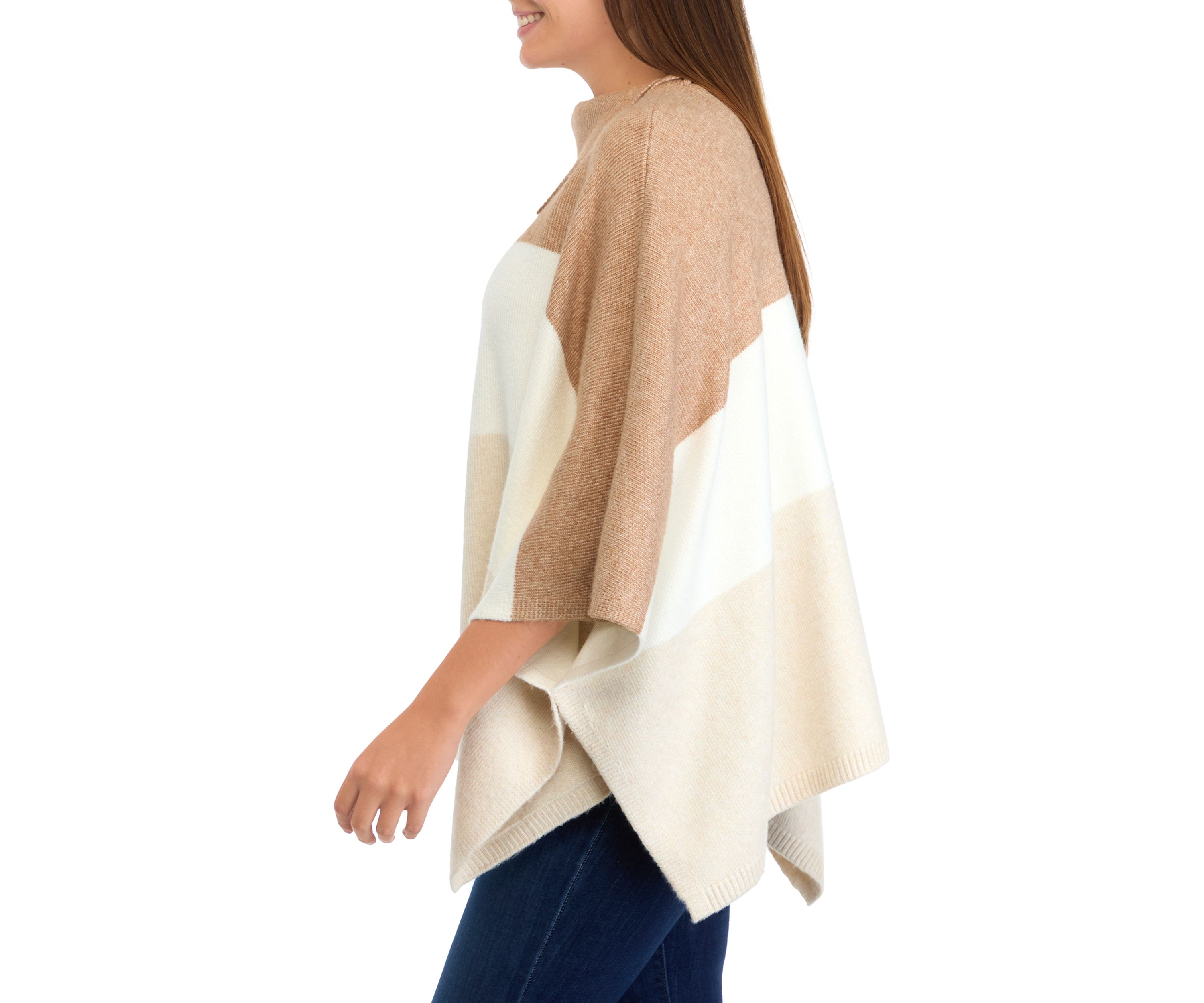 Womens Cable Stitch Color Block Poncho 