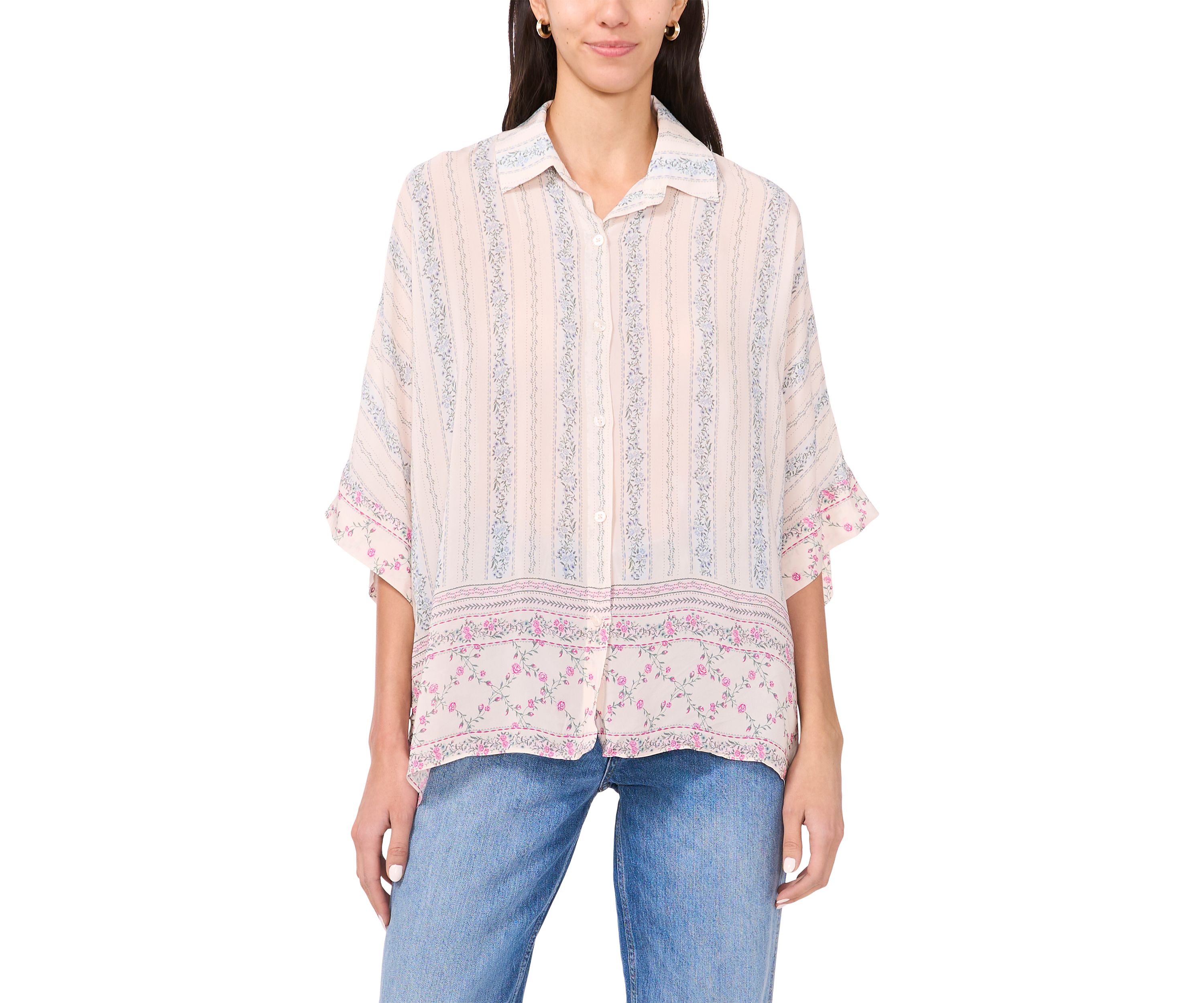 Womens 3/4 Flare Sleeve Printed Button Up Shirt