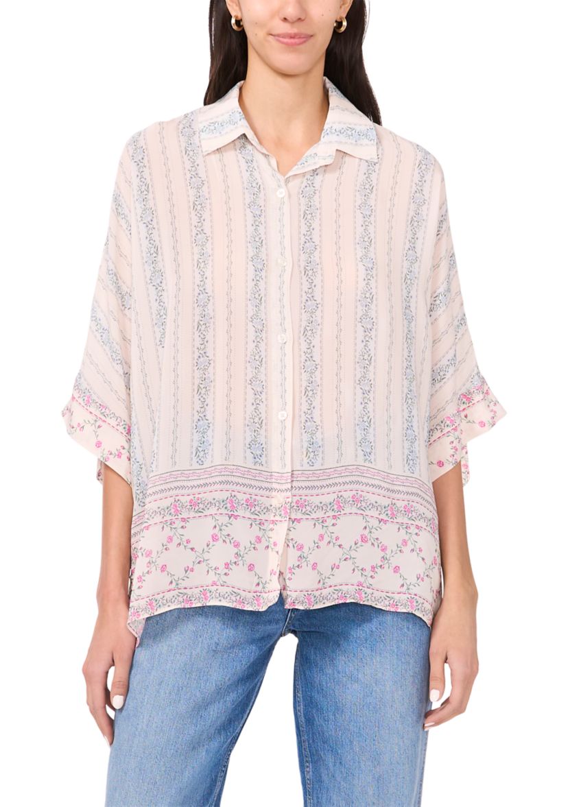 Womens 3/4 Flare Sleeve Printed Button Up Shirt